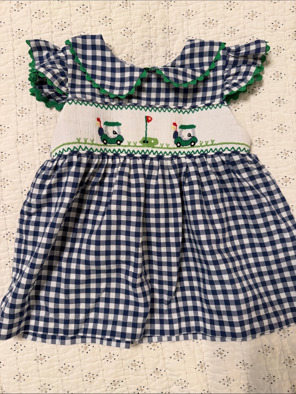 Blue Gingham Smocked Golf Top with Green Trim - Kids